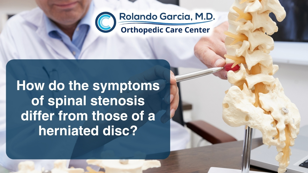 How do the symptoms of spinal stenosis differ from those of a herniated disc?